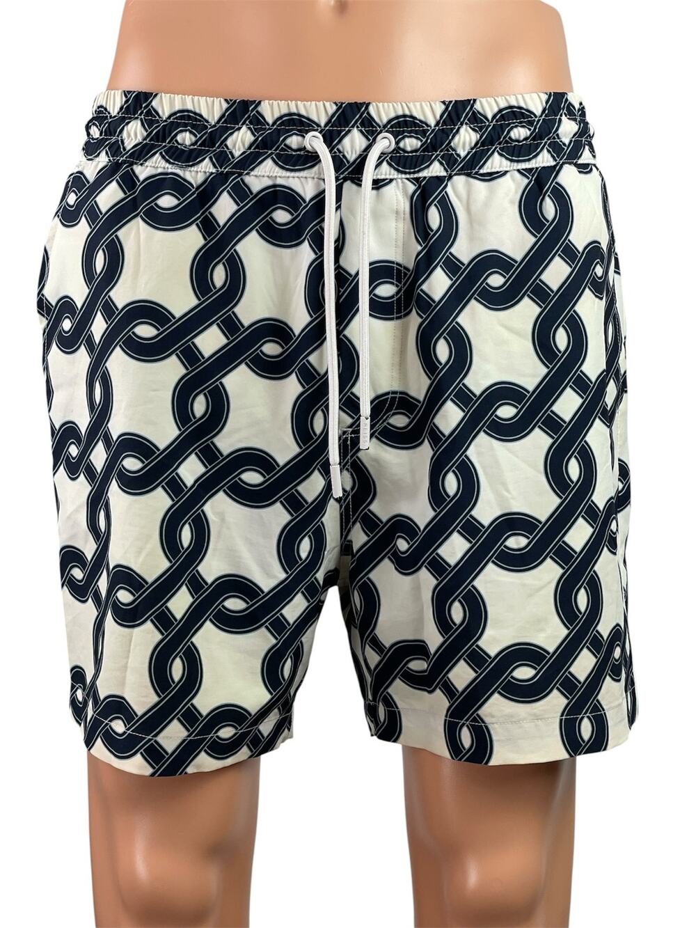 Reiss Men's Black Chain Print Geometric Drawstring Beach Bermuda Swim Shorts L